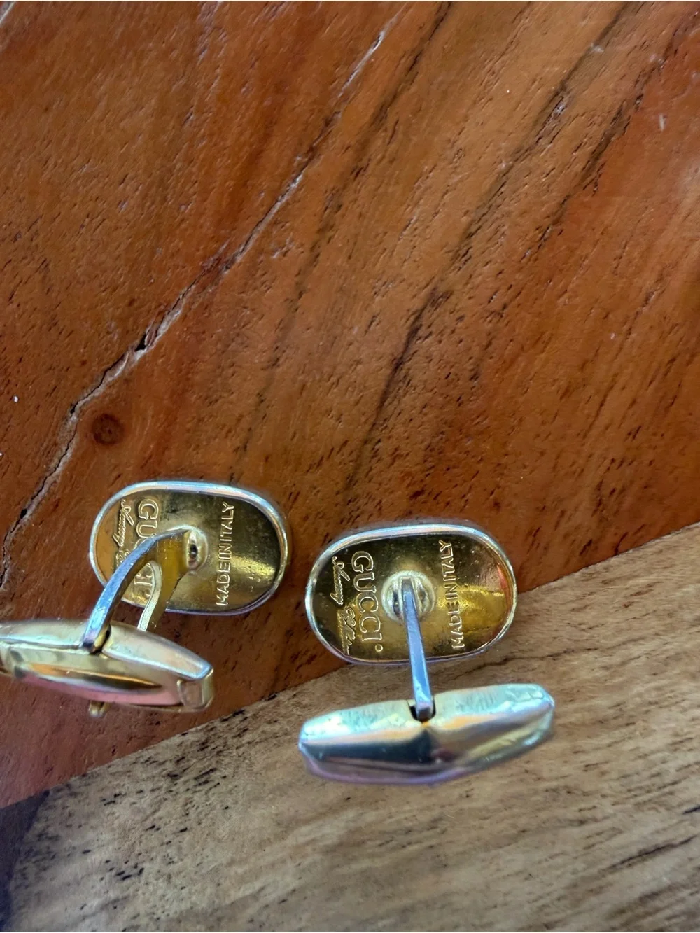 Vintage Gucci Gold and Black Interlocking Double G Oval Cufflinks w tie pin